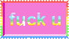 An image of a stamp with a pastel rainbow border. There is sparkling rainbow text in the center that reads "fuck u". The background is pink, and there is a slight 3D effect between the background and the border.