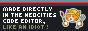 An 88 by 31 button with a dark grey background. At the top is a dim cyan stripe, followed by a smaller bright red stripe, and then a thicker, slightly blue dark gray stripe. On the right side, it reads "MADE DIRECTLY IN THE NEOCITIES CODE EDITOR, LIKE AN IDIOT!". The "LIKE AN IDIOT!" part changes color between grey, desaturated yellow-green, and desaturated red. On the left is the Neocities mascot, Penelope the Cat, an orange cat wearing a hard hat and holding a wrench and paintbrush.