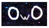 An image with a white border with a galaxy background, with hand-drawn text reading "OwO". The text animates slightly, wiggling a little.