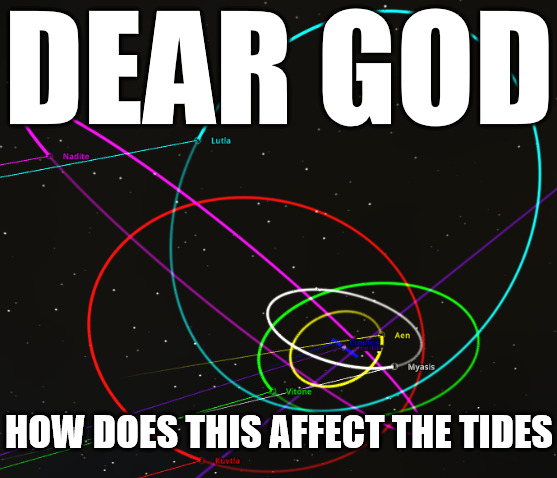 An impact font meme reading "DEAR GOD" followed by "HOW DOES THIS AFFECT THE TIDES" over an image of the orbits of Evmir's moons in Universe Sandbox.